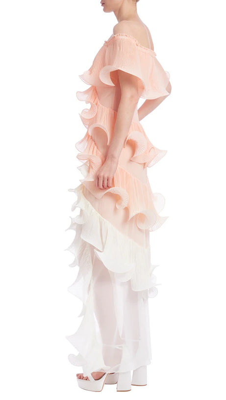 DORA PEACH MULTI OMBRE OFF-SHOULDER PLEATED ORGANZA MAXI DRESS