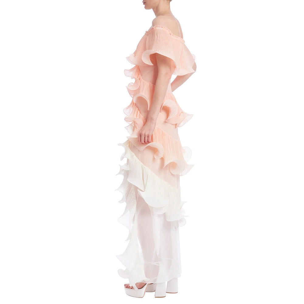 AIIZIE DORA PEACH MULTI OMBRE OFF-SHOULDER PLEATED ORGANZA MAXI DRESS - product image