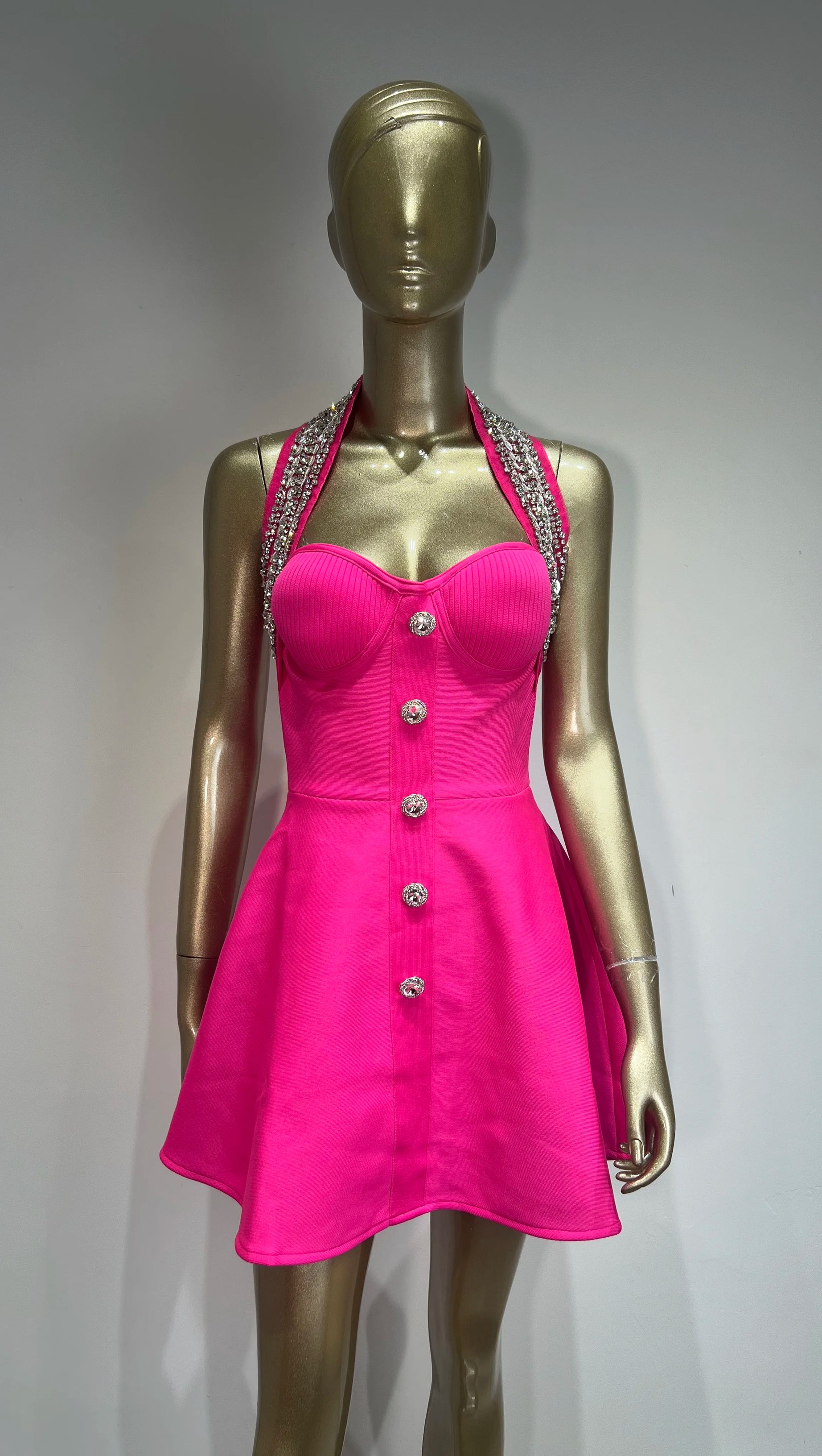 HEDDA RHINESTONE EMBELLISHED HALTER MINI DRESS IN PINK