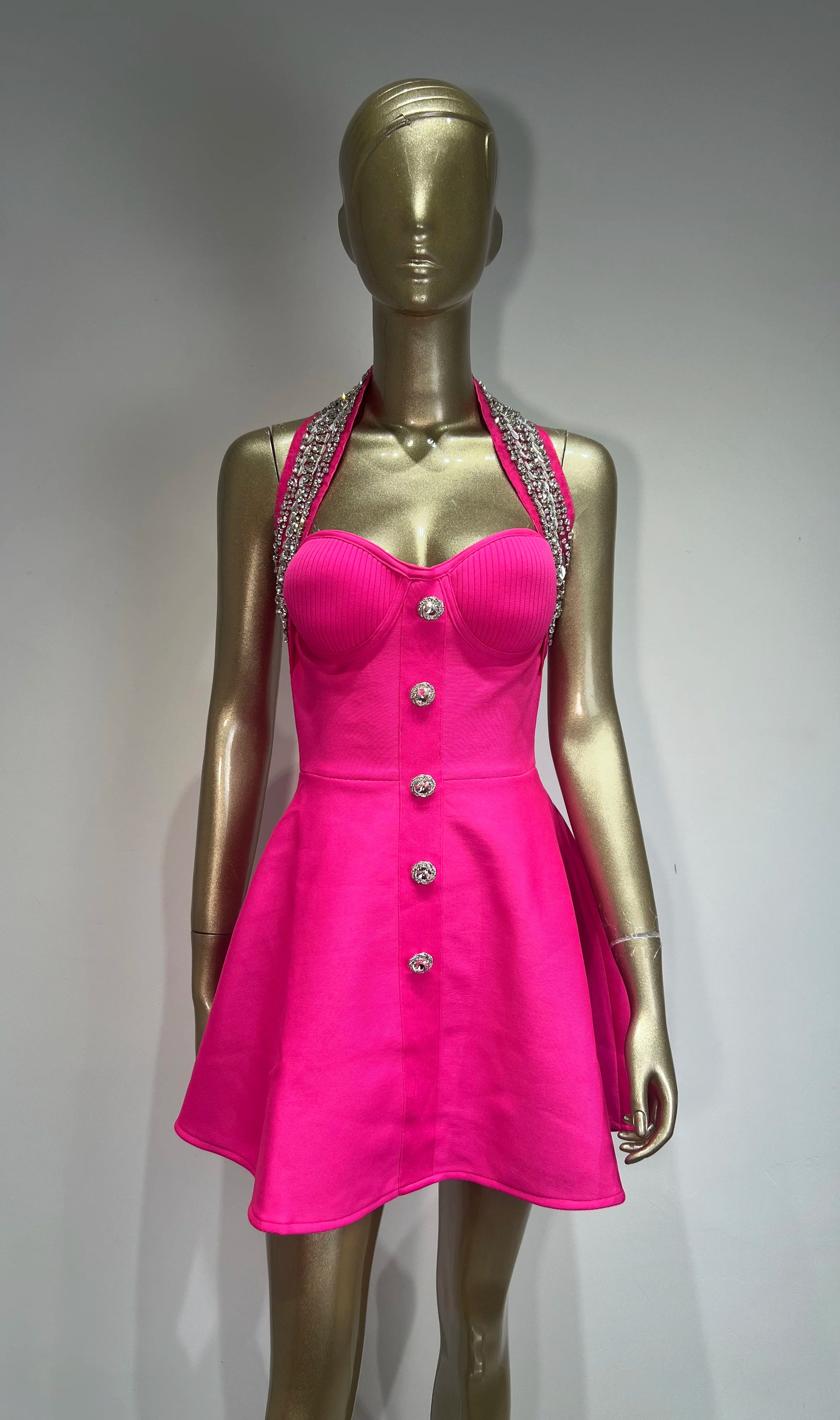HEDDA RHINESTONE EMBELLISHED HALTER MINI DRESS IN PINK