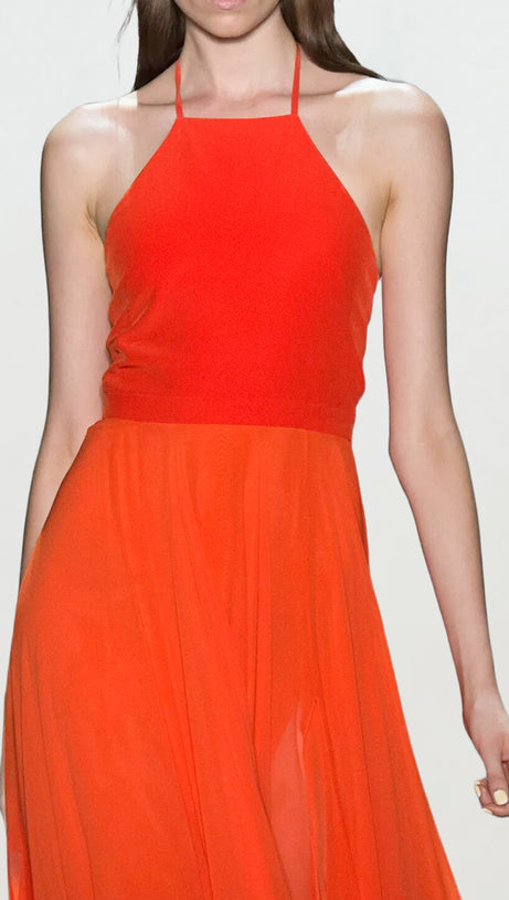 RED HALTER NECK CHIFFON MAXI DRESS