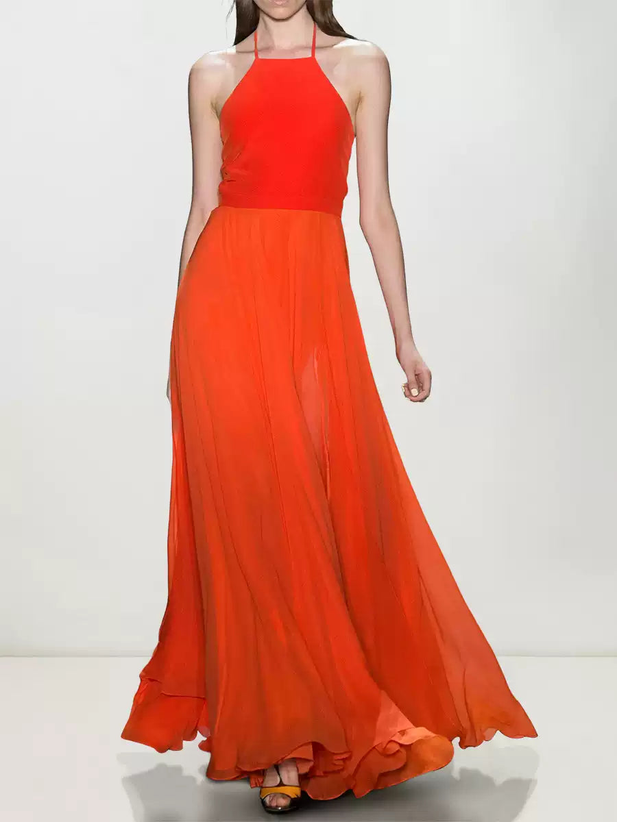 ELEGANT RED HALTER MAXI DRESS WITH CHIFFON SKIRT