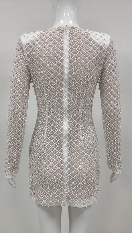 PEARL EMBELLISHED CUT OUT MINI DRESS IN BEIGE