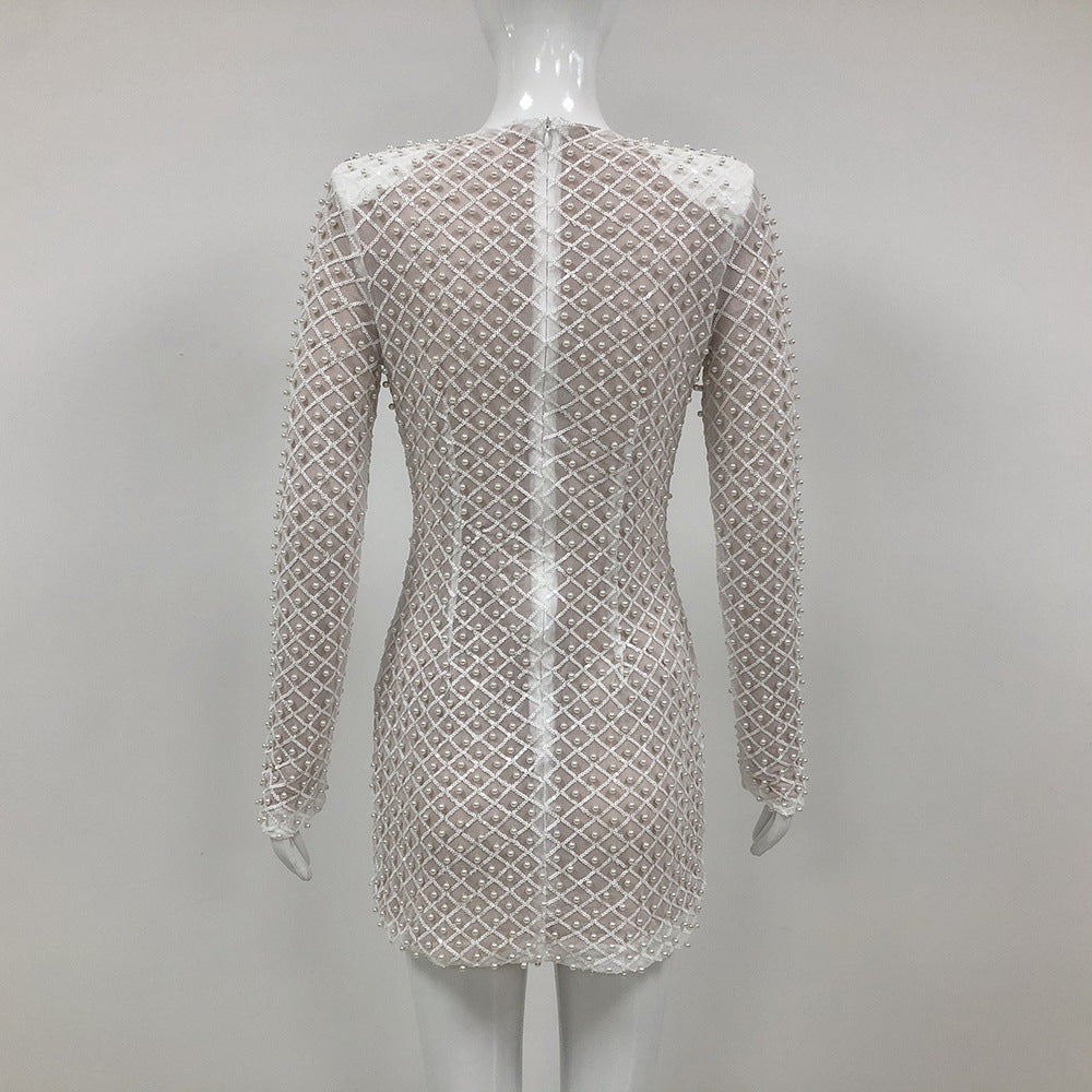 AIIZIE PEARL EMBELLISHED CUT OUT MINI DRESS IN BEIGE - product image