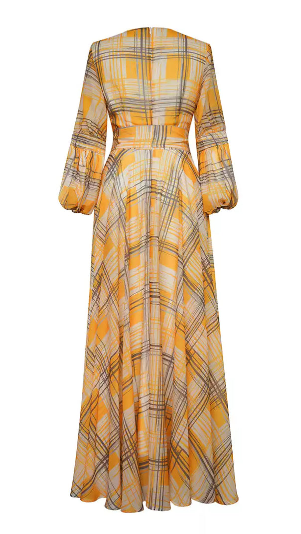 AIIZIE YELLOW PLAID LONG DRESS WITH BELTED WAIST AND FLARED SLEEVES - product image