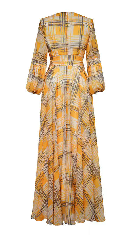 YELLOW PLAID LONG DRESS WITH BELTED WAIST AND FLARED SLEEVES