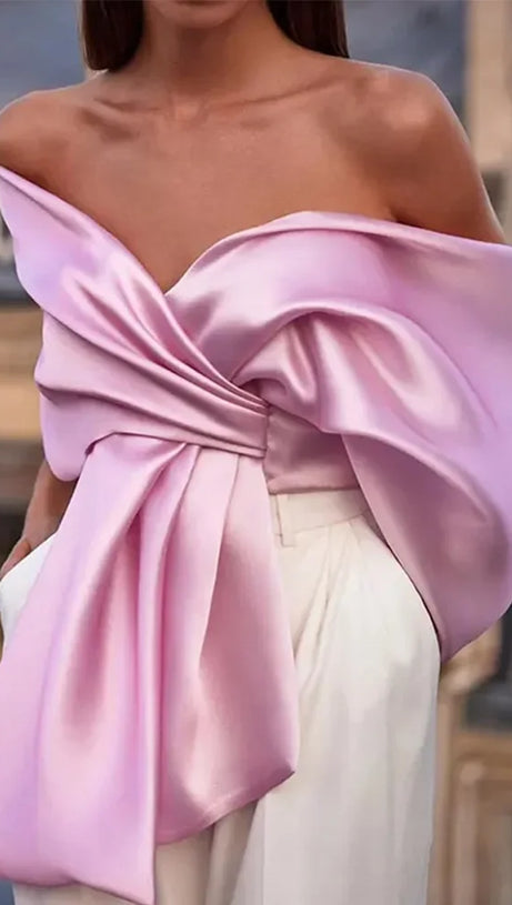 SAMIRA BOW CROSS OFF SHOULDER SATIN TOP