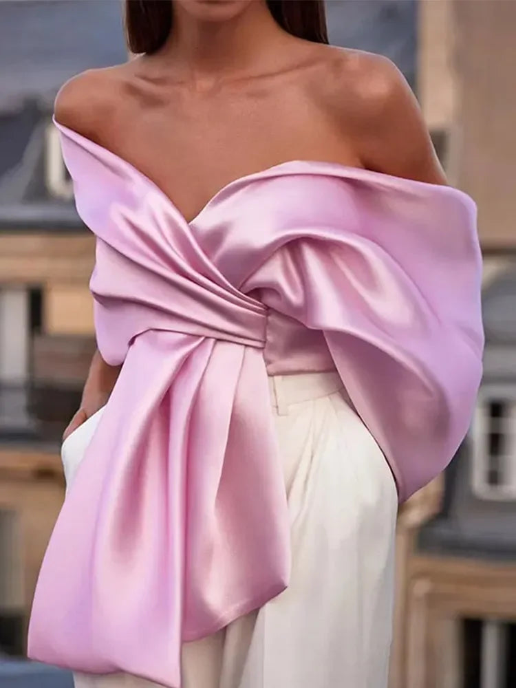 AIIZIE SAMIRA BOW CROSS OFF SHOULDER SATIN TOP - product image