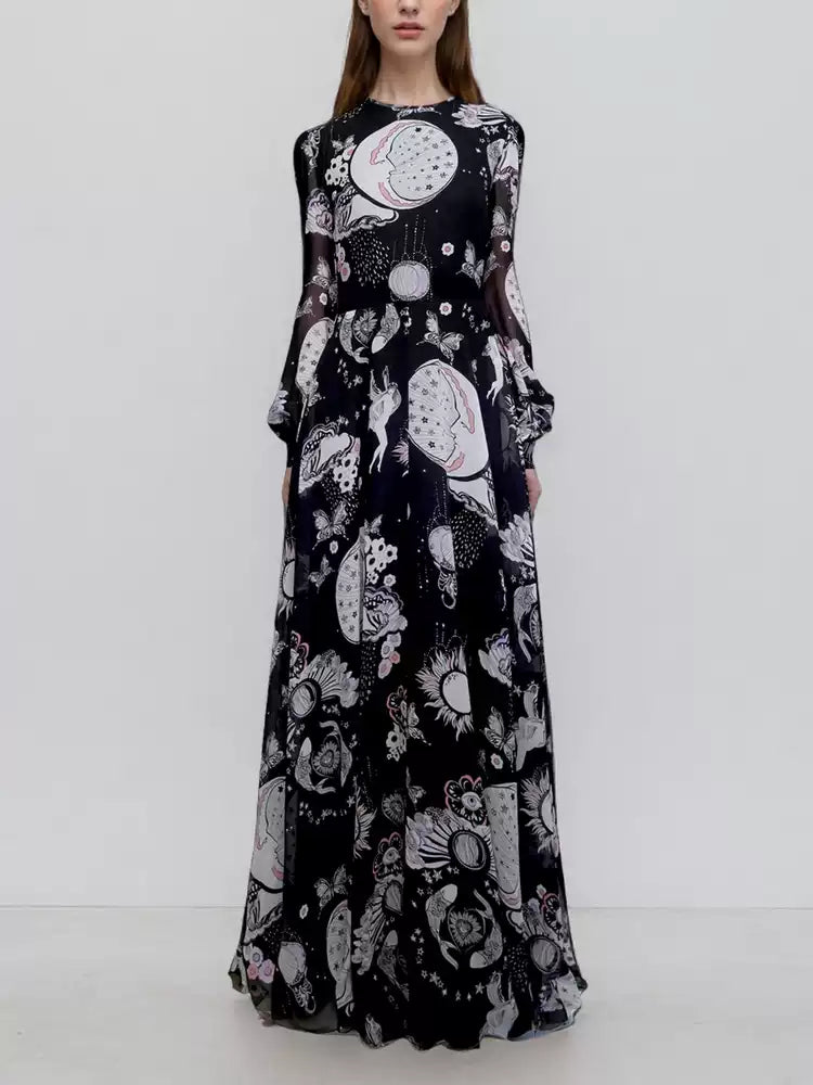 BLACK MAXI DRESS WITH SHEER SLEEVES AND FANTASY PRINTS