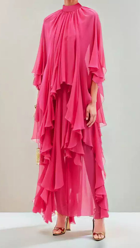 HOT PINK CHIFFON RUFFLED ASYMMETRIC MAXI DRESS