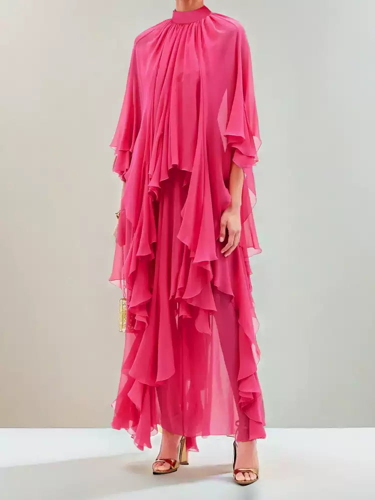 HOT PINK CHIFFON RUFFLED ASYMMETRIC MAXI DRESS