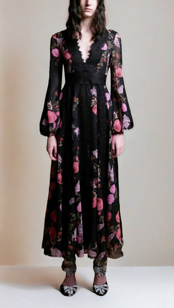 AIIZIE ELEGANT FLORAL LONG DRESS WITH V - NECK AND BELL SLEEVES - product image