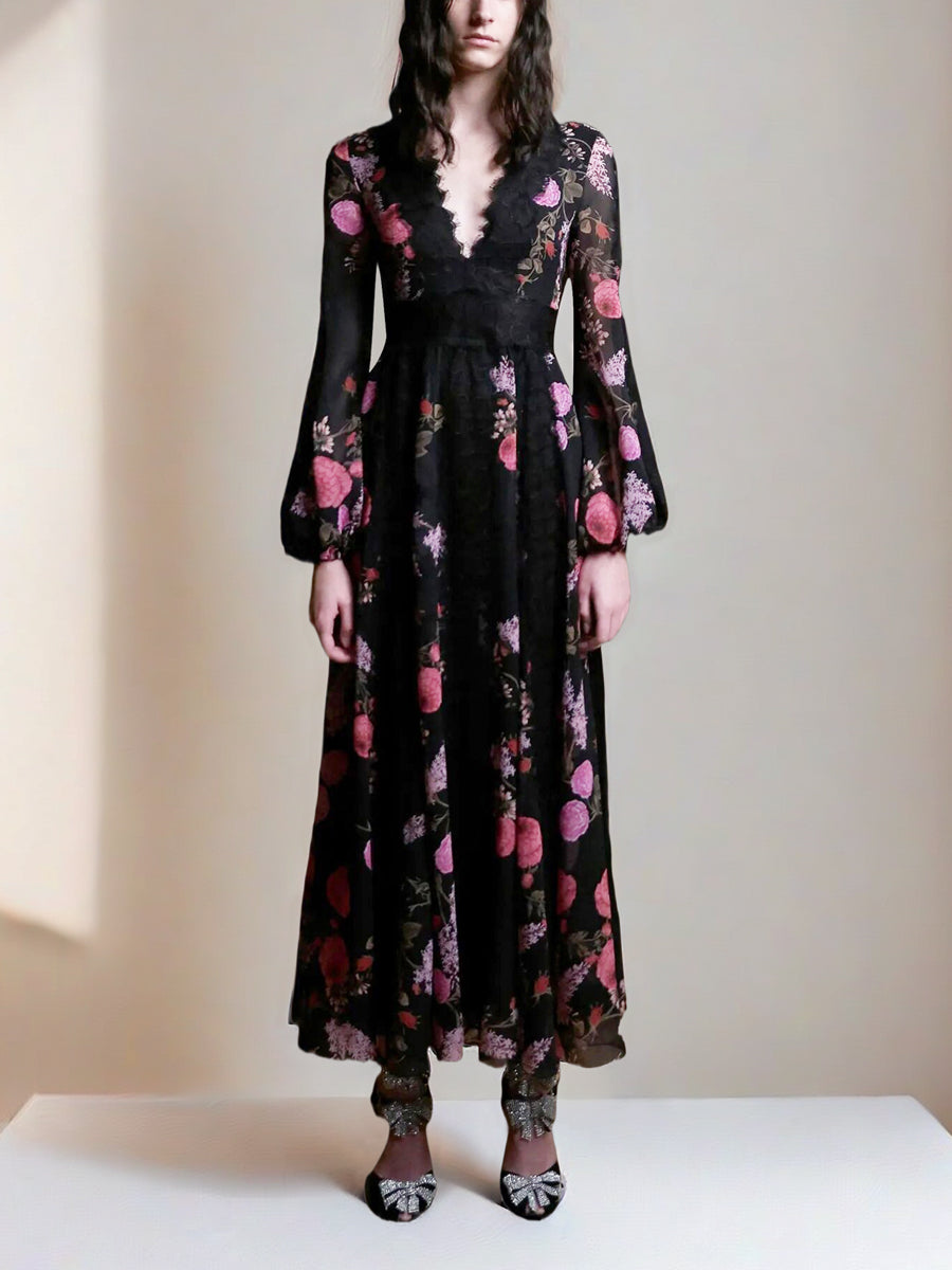 ELEGANT FLORAL LONG DRESS WITH V - NECK AND BELL SLEEVES
