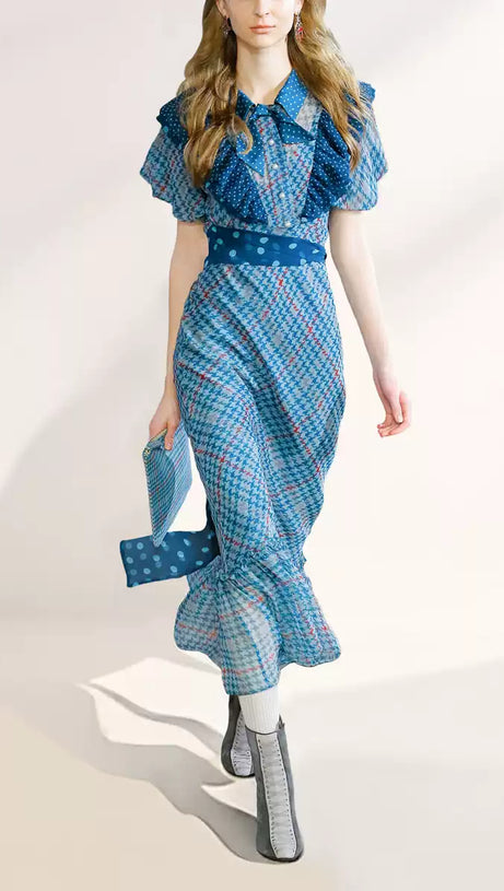 BLUE ELEGANT HOUNDSTOOTH MAXI DRESS WITH POLKA DOT ACCENTS AND RUFFLES