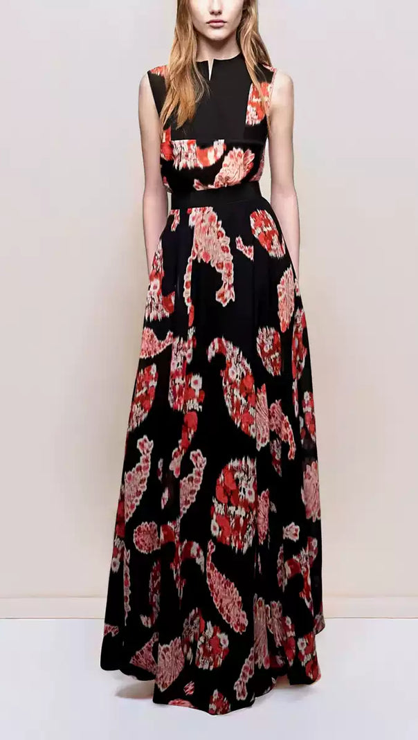 AIIZIE ELEGANT PRINTED MAXI DRESS WITH SLEEVELESS TOP AND BELTED WAIST - product image