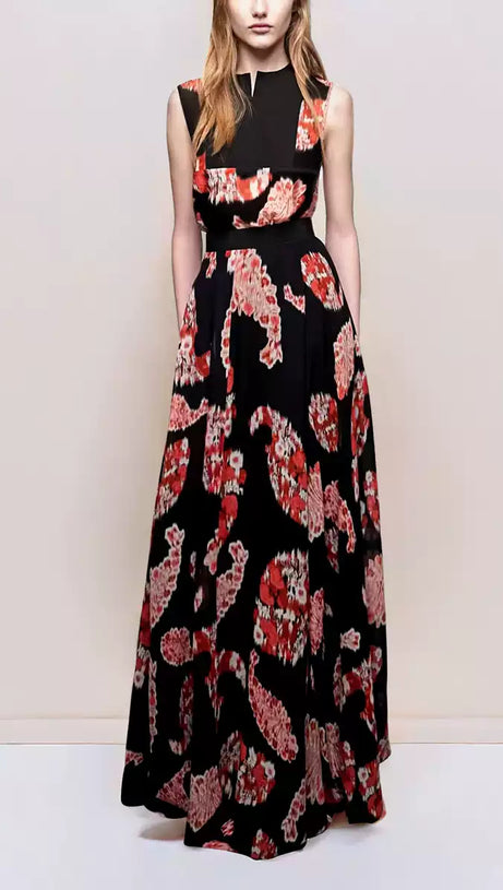 ELEGANT PRINTED MAXI DRESS WITH SLEEVELESS TOP AND BELTED WAIST