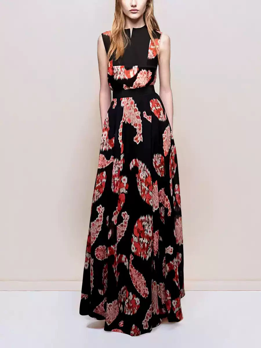 ELEGANT PRINTED MAXI DRESS WITH SLEEVELESS TOP AND BELTED WAIST