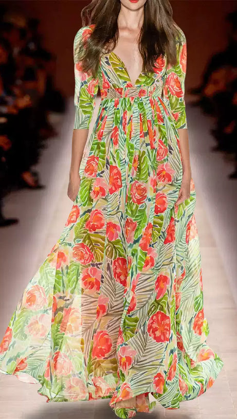 FLORAL PRINT V - NECK CHIFFON MAXI DRESS WITH BELT