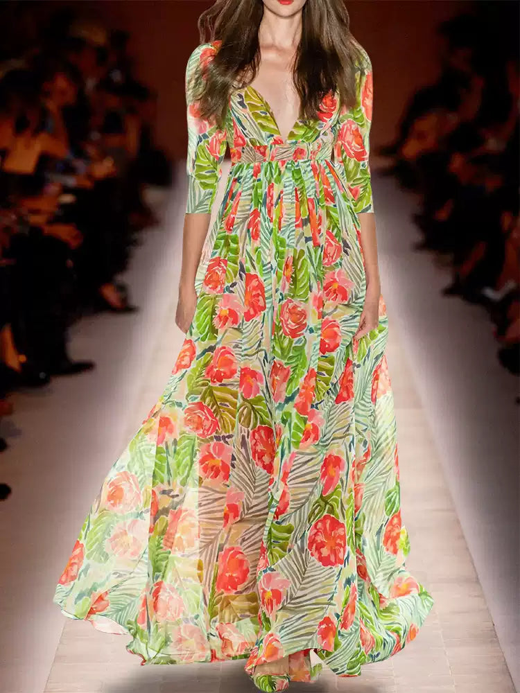 FLORAL PRINT V - NECK CHIFFON MAXI DRESS WITH BELT