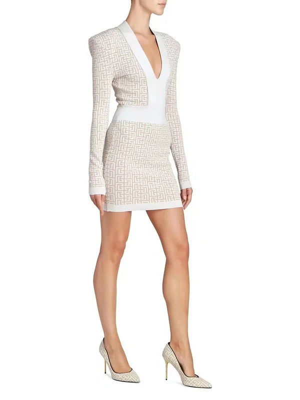 MONOGRAM-PATTERN LONG-SLEEVE DRESS IN BEIGE