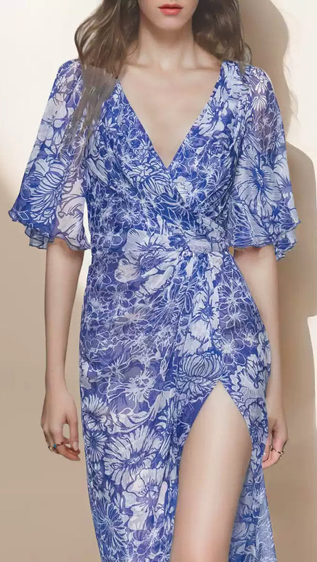 BLUE AND WHITE FLORAL PRINT CHIFFON WRAP MIDI DRESS