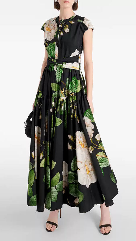 BLACK WATERCOLOR FLORAL CHIFFON SLEEVELESS  MAXI DRESS