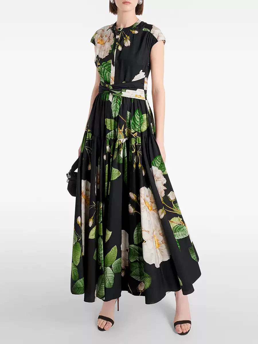 ABITO LUNGO SENZA MANICHE IN CHIFFON CON FLOREALE ACQUERELLO NERO