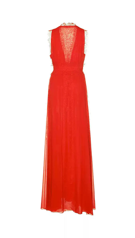ELEGANT RED MAXI DRESS WITH SHEER LACE V - NECK