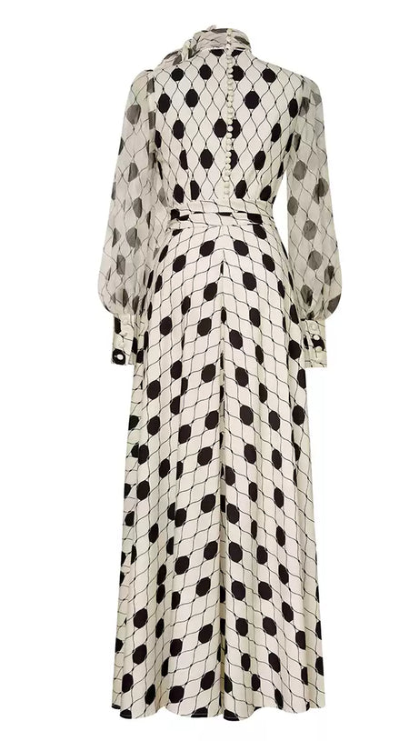 POLKA DOT SATIN GOWN WITH SHEER SLEEVES & BOW NECKLINE