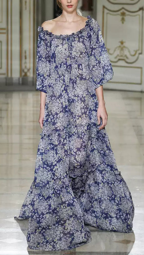BLUE FLORAL OFF SHOULDER MAXI DRESS WITH TIERED SKIRT