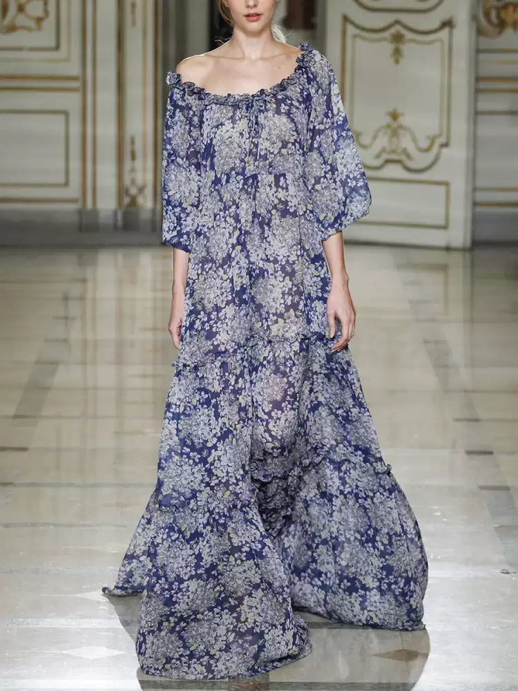 BLUE FLORAL OFF SHOULDER MAXI DRESS WITH TIERED SKIRT