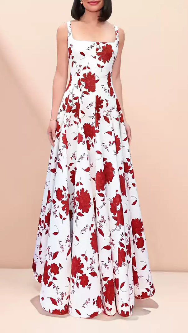 AIIZIE WHITE MAXI DRESS WITH RED FLORAL PRINTS AND SQUARE NECKLINE - product image