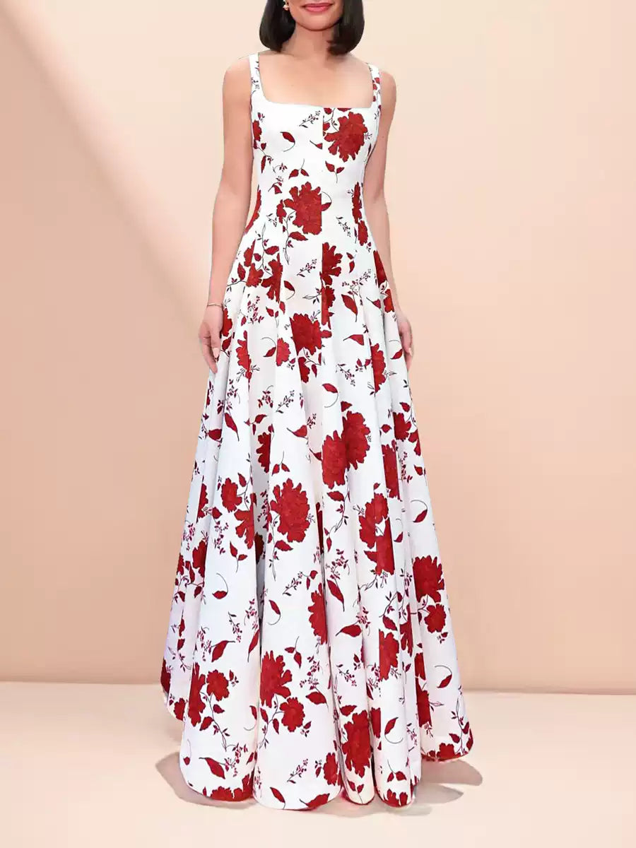 WHITE MAXI DRESS WITH RED FLORAL PRINTS AND SQUARE NECKLINE