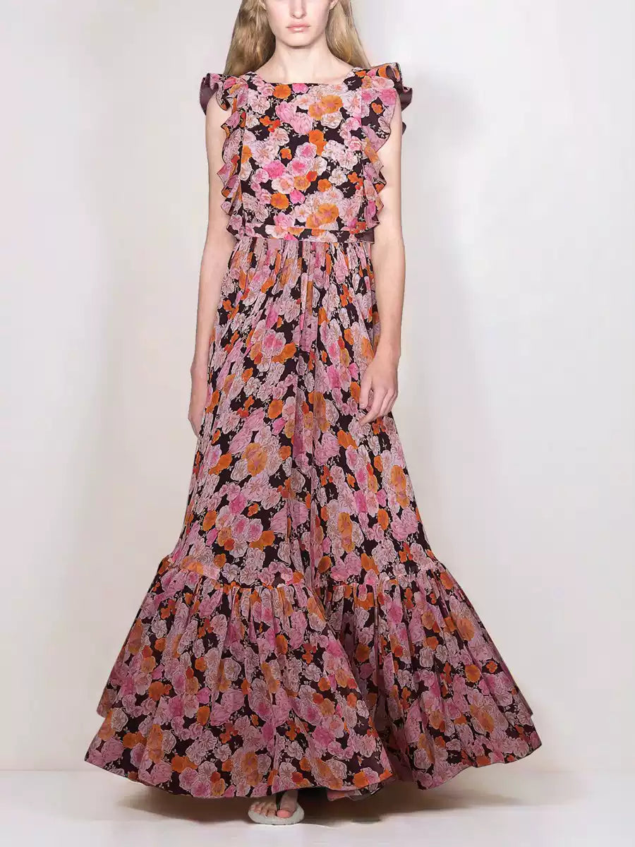 FLORAL PRINT RUFFLED MAXI DRESS WITH SLEEVELESS DESIGN