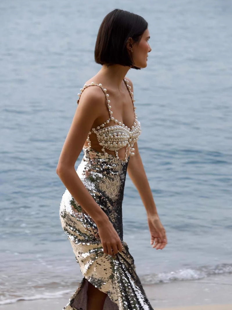 AIIZIE PEARL SILVER SEQUIN EVENING GOWN HALTER NECK MIDI DRESS - product image