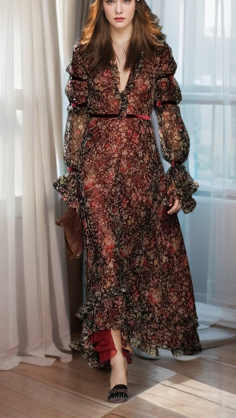 BURGUNDY FLORAL CHIFFON MAXI DRESS WITH RUFFLED SLEEVES
