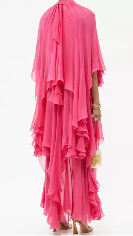 PINK CHIFFON RUFFLED MAXI DRESS WITH HIGH NECKLINE