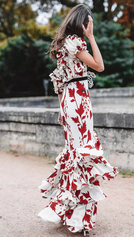 WHITE RED FLORAL OFF - SHOULDER TIERED MAXI DRESS