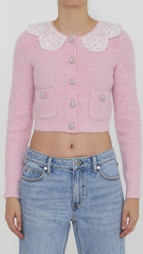 FLUFFY RIBBED-KNIT STRETCH-WOVEN BLEND CARDIGAN IN PINK