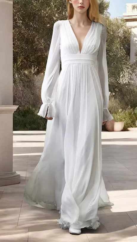 ELEGANT WHITE MAXI DRESS WITH V - NECK AND SHEER SLEEVES