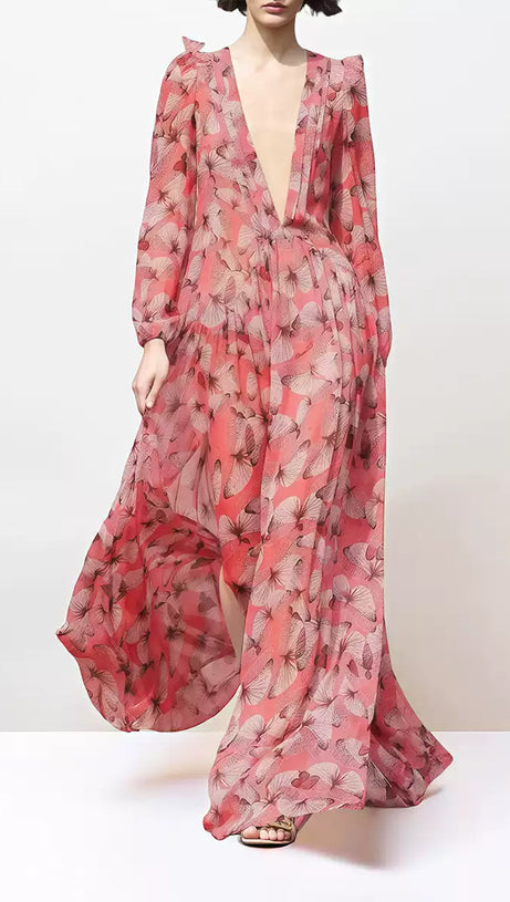 PINK FLORAL DEEP V - NECK MAXI DRESS WITH LONG SLEEVES