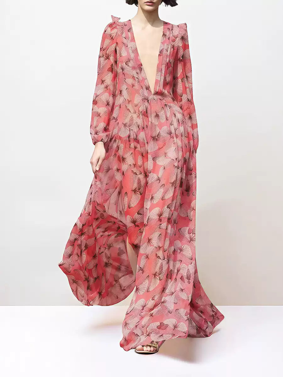 PINK FLORAL DEEP V - NECK MAXI DRESS WITH LONG SLEEVES