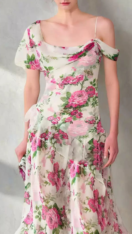 ASYMMETRIC RUFFLE FLORAL CHIFFON HOCOMAXI DRESS