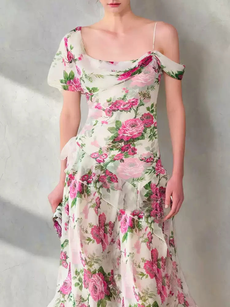AIIZIE ASYMMETRIC RUFFLE FLORAL CHIFFON HOCOMAXI DRESS - product image