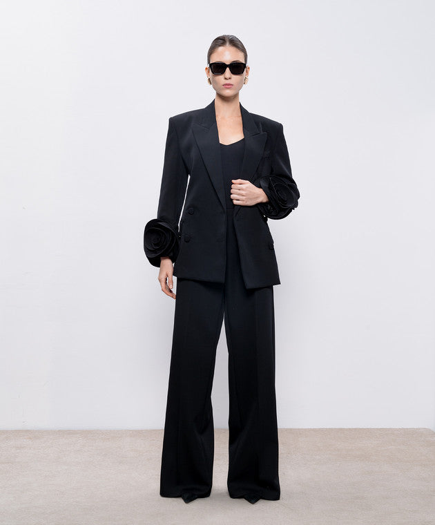 BELLA BLACK DOUBLE-BREASTED WOOL JACKET WITH FLORAL APPLIQUÉ