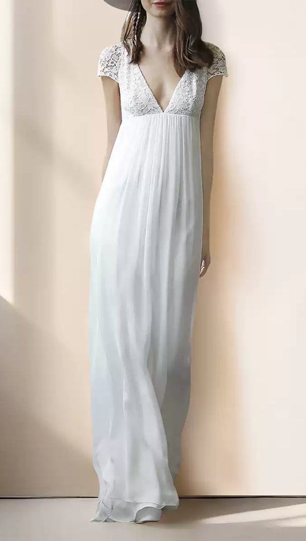 AIIZIE WHITE LACE V - NECK SHORT - SLEEVE MAXI DRESS - product image