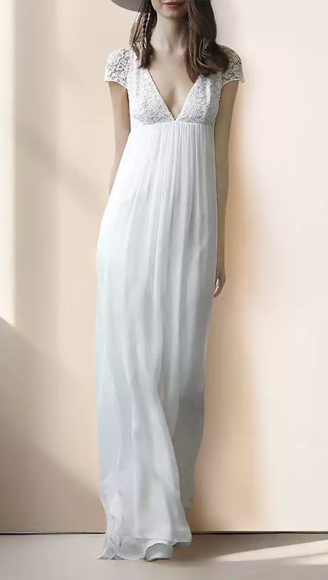 WHITE LACE V - NECK SHORT - SLEEVE MAXI DRESS