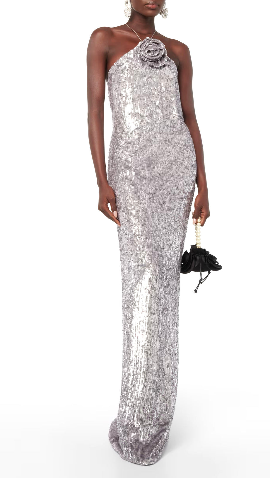 WINIFRED FLORAL-APPLIQUÉ SEQUIN MAXI DRESS SILVER