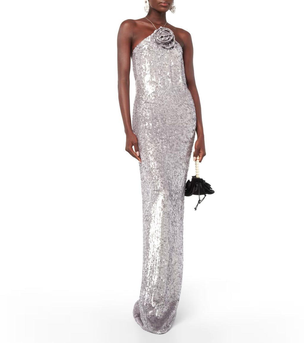 WINIFRED FLORAL-APPLIQUÉ SEQUIN MAXI DRESS SILVER