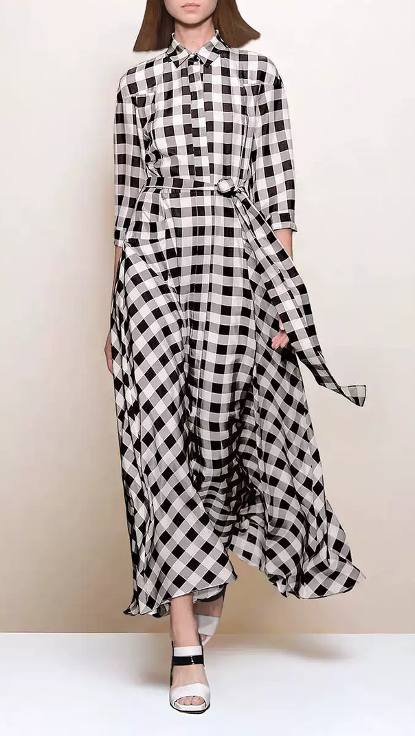 AIIZIE BLACK AND WHITE CHECKERED SHIRT DRESS WITH BELT - product image